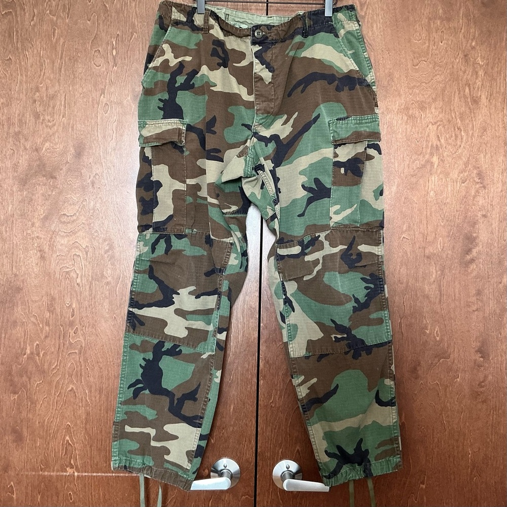 Vintage US Military Field Trousers Woodland Camo Cargo Pants Button Fly Mens L